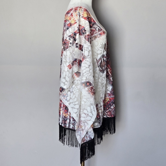 Western Boho Lightweight Poncho Top Swim Beach Coverup with Fringe O/S - Picture 4 of 7